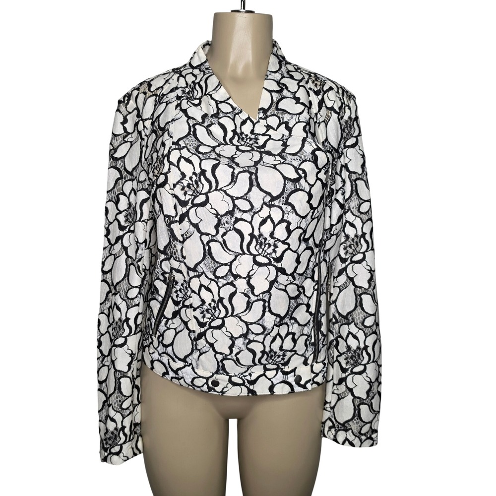 INC Jacket Womens Medium White Black Floral Lace Moto Asymmetrical Zip Romantic